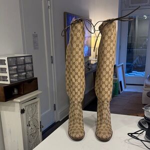 Gucci Beige GG Monogram Lace-Up Over-the-Knee Boots